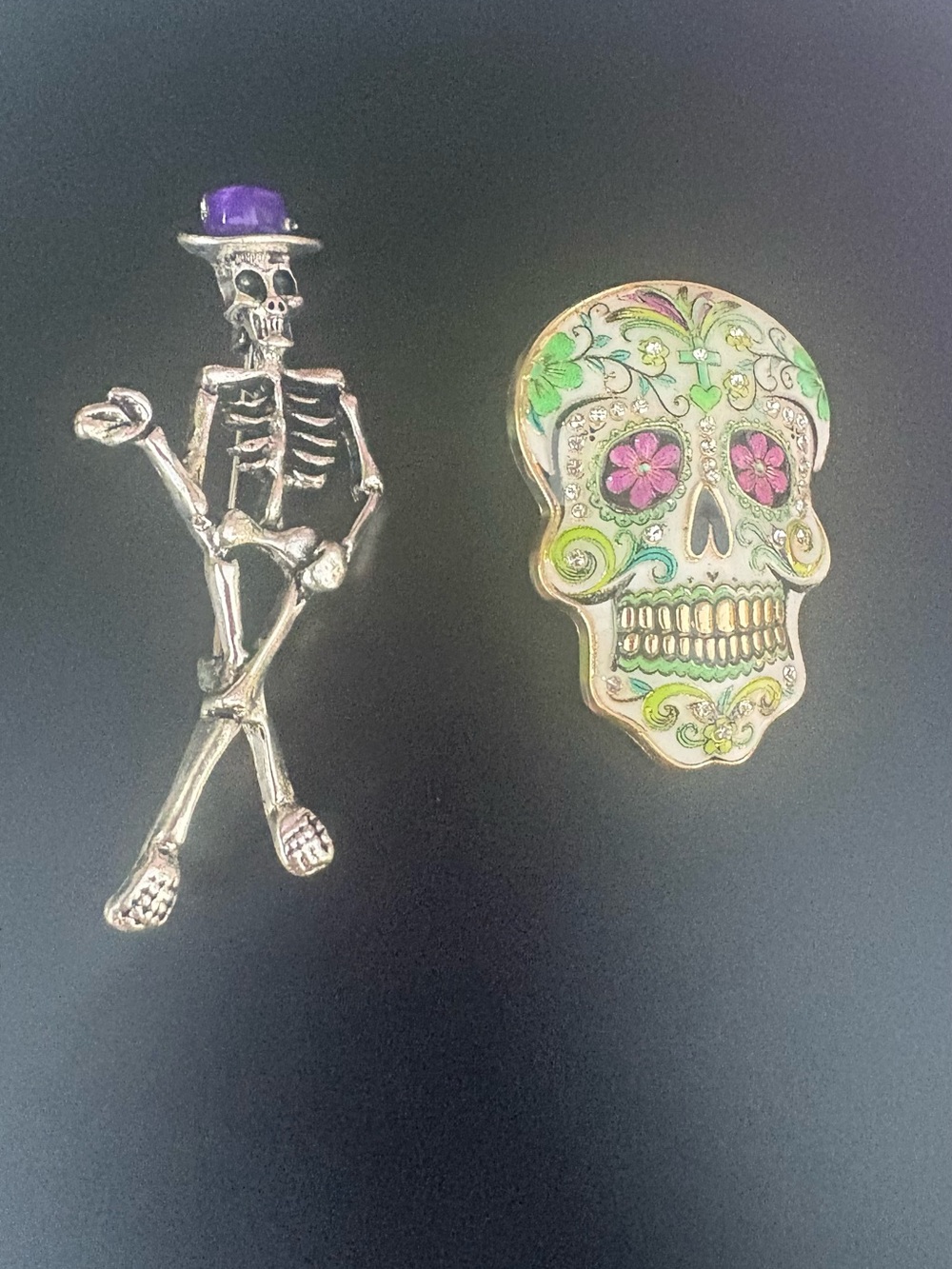 Day of the Dead Skull & Skeleton Brooch Set — Purple, Pink, Green, Gold Accents